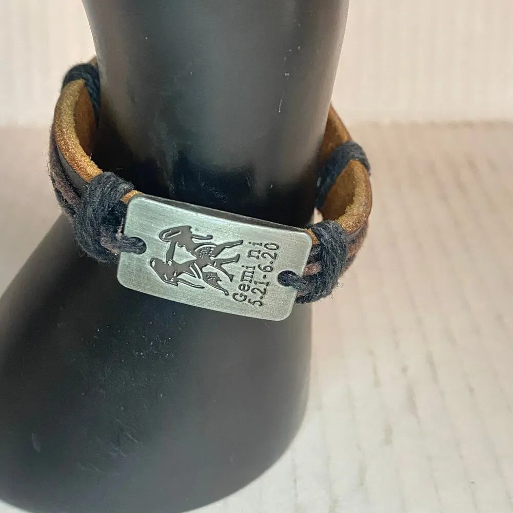 Women's Gemini Zodiac Pull-Tie Brown Faux Leather Adjustable Fashion Bracelet